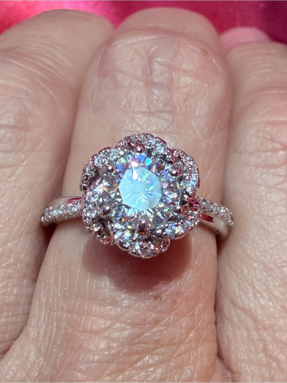 New 1 Carat Moissanite Ring with floral Halo accents and Pave' Band - Picture 10 of 13
